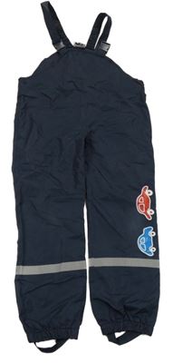 Tmavomodré šusťákové podšité laclové kalhoty s auty Topolino