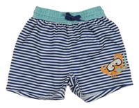 Tmavomodro-bílé pruhované plážové kraťasy s krabem 