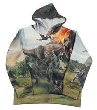 Barevná vzorovaná mikina s dinosaurem a kapucí 
