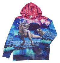 Modro-růžová mikina s dinosaury a kapucí 