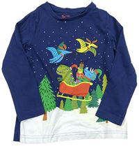 Tmavomodro-bílé triko s dinosaury s vánočním motivem Tu