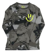 Tmavošedo-šedo-černé army melírované pyžamové triko se smajlíkem Tu