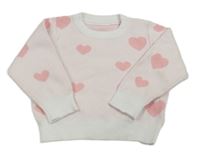 Světlerůžovo-smetanový svetr s růžovými srdíčky SHEIN