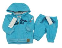 Nové - 2Set - Tyrkysová melírovaná propínací teplá mikina s nápisy a kapucí + tepláky zn. F&F