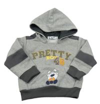 Šedo-tmavošedá melírovaná mikina s pejskem a číslem  a nápisy a kapsou a kapucí L&T