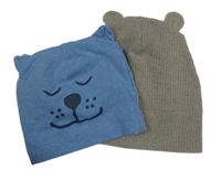 2x - Melírovaná čepice s oušky - Modrá s čumáčkem TCM, šedobéžová žebrovaná
