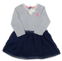 Nové - bílo-tmavomodré bavlněno/tylové šaty s mořským koníkem a pruhy dopodopo