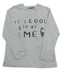 Světlešedé melírované triko s nápisy a lesem a dinosaurem George