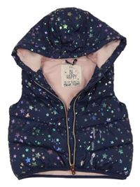 Tmavomodrá prošívaná šusťáková zateplená vesta s hvězdičkami a kapucí F&F