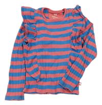 Modro-jahodové pruhované žebrované crop triko s volánky WE