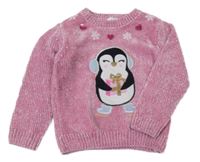 Růžový melírovaný žinylkový svetr s tučňáčkem a flitry PRIMARK