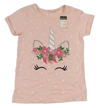 Růžové puntíkaté tričko s jednorožcem Primark