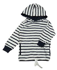 Bílo-tmavomodrá pruhovaná dlouhá mikina s kapucí