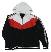 Černo-bílo-červená propínací mikina s nápisy na rukávech a kapucí Kiabi