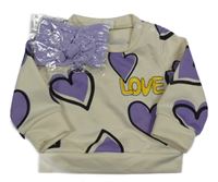 2set - Béžová mikina se srdíčky + lila čelenka s mašlí Shein