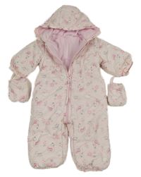 Světlerůžová šusťáková zimní kombinéza s labutěmi a kapucí + rukavice Ergee