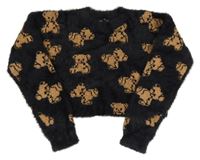 Černý chlupatý crop svetr s medvědy Terranova