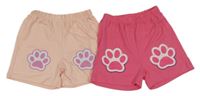 2x kraťasy s tlapkami - růžové + tmavorůžové