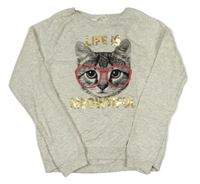 Světlešedá melírovaná mikina s kočkou H&M