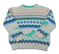 Šedo-zeleno-modrý vzorovaný svetr s dinosaury zn. M&S