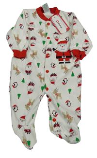 Nové - bílo-červený fleecový overal s vánočními obrázky a Santou 