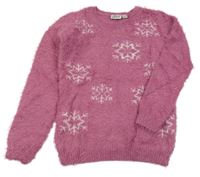 Růžový chlupatý svetr s vločkami alive