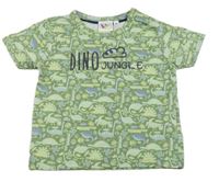 Zelené vzorované tričko s dinosaury a nápisem 