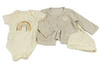 3set - Smetanové body s duhou + béžová sametová propínací mikina + smetanová vzorovaná čepička zn.george