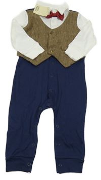 Nové - Bílo-tmavomodrý overal s našitou vestou a motýlkem 