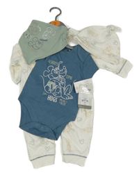 Nové - 4set - Bílý overal s Mickeym a kamarády + modré body s Mickeym + bílá vzorovaná čepice + zelený slinták s Mickeym Primark