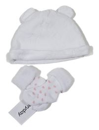 Nové - 2set - Bílá sametová čepice s hvězdami a oušky + bílo-růžové ponožky se srdíčky 