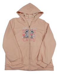 Světlerůžová propínací mikina s kočkou a kapucí 