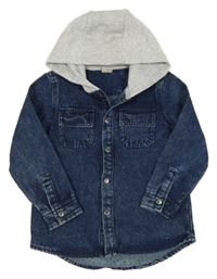 Tmavomodrá riflová košile s bavlněnou šedou kapucí