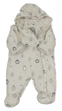 Bílá šusťáková zimní kombinéza se zvířátky a kapucí Topomini