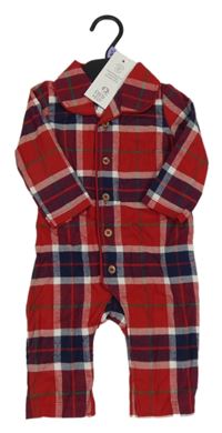 Nové - Červeno-bílo-tmavomodrý kostkovaný overal s límečkem F&F