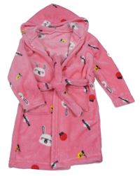 Růžový plyšový župan se zajíčky a kapucí 
