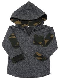 Černo-šedá melírovaná mikina s army kapsou a kapucí 
