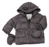 Tmavošedá šusťáková zateplená bunda s Mickeym a kapucí + rukavice George