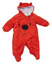 Červená chlupatá zateplená kombinéza s medvídkem a kapucí 