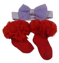 2set - Červené ponožky se síťovinou +fialová čelenka s mašlí