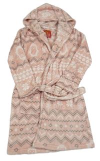 Světlerůžový chlupatý župan se vzorem a kapucí 