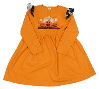 Oranžové bavlněné šaty s dýněmi a volánky 