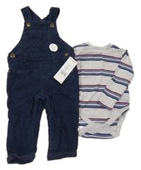 Nové - 2set - Šedé pruhované body + tmavomodré manšestrové podšité lacláče F&F