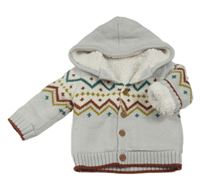 Světlešedo-bílý melírovaný pletený propínací zateplený svetr se vzorem a kapucí zn. Nutmeg