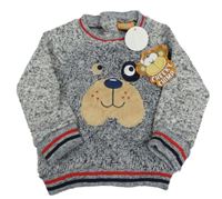 Nové - tmavomodro-bílo-šedo-černá melírovaná chlupato/pletená mikina s pejskem Cheeky Chimp 