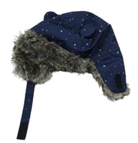 Tmavomodrá šusťáková beranice s hvězdičkami a kožešinou a oušky H&M