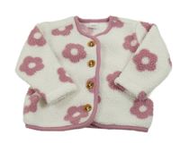 Bílo-starorůžová huňatá bunda s květy 