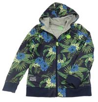 Tmavomodrá síťovaná propínací podšitá mikina s květy a lístečky a kapucí WE