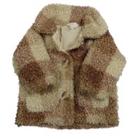 Hnědo-světlehnědo-béžovo-smetanová kostkovaná huňatá podšitá bunda s límečkem H&M