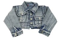 Tmavomodro-bílé plísňové riflové bolérko s motýlky a flitry a límečkem